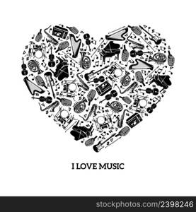 Love music concept with black icons musical instruments in heart shape vector illustration. Love Music Concept