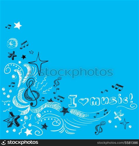 Love music doodle background with notes stars swirls vector illustration
