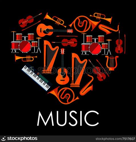 Love music heart icon made up of flat icons of musical instruments. Heart with acoustic guitars and drum kits, violins and saxophones, trumpets and horns, lyre, harps and synthesizer. Love music heart made up of musical instruments