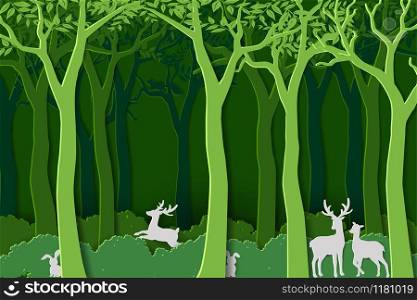 Love nature with animal wildlife in green woods,paper art design for World forest day,banner or poster,vector illustration