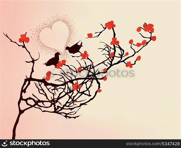 Love of birds. Enamoured birds on a branch. A vector illustration
