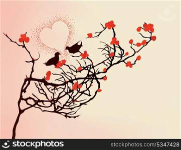 Love of birds. Enamoured birds on a branch. A vector illustration