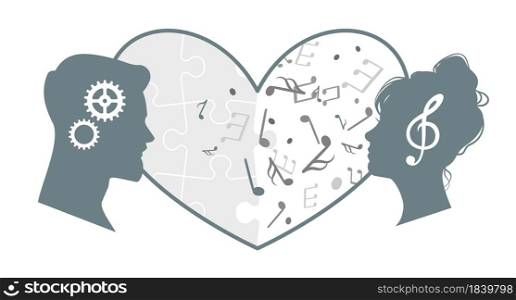 Love of different minds. Couple harmony relationship. Heads with gears or music notes. Heart symbol. Differences in interests of partners. Creative and rational brains interaction. Vector illustration. Love of different minds. Couple harmony relationship. Differences in interests of partners. Heads with gears or music notes. Creative and rational brains interaction. Vector illustration