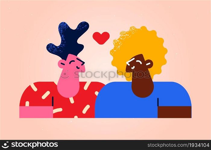 Love of various ethnicities concept. Caucasian man and black woman standing looking at each other dating feeling love vector illustration . Love of various ethnicities concept