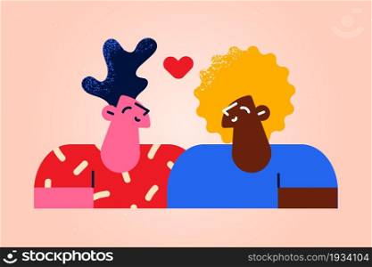 Love of various ethnicities concept. Caucasian man and black woman standing looking at each other dating feeling love vector illustration . Love of various ethnicities concept