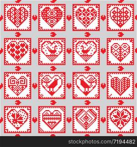Love ornament seamless background in ethnic style in ethnic style with hearts, birds and flowers. Traditional folklore characters. Cross-stitch. Vector illustration. Love ornament seamless background in ethnic style