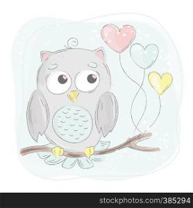 LOVE OWL Cartoon Bird Forest Animal Vector Illustration Set