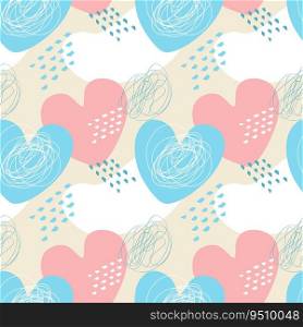 Love pattern heart blue and pink colors in boho style, doodle hand drawn elements.