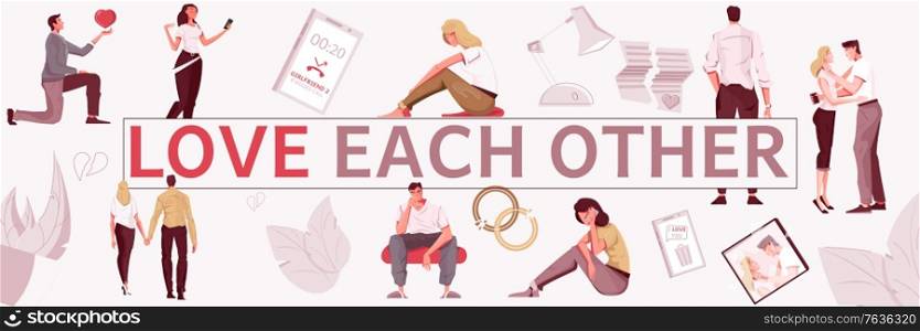 Love people pattern composition of text and flat characters of people in love with isolated icons vector illustration