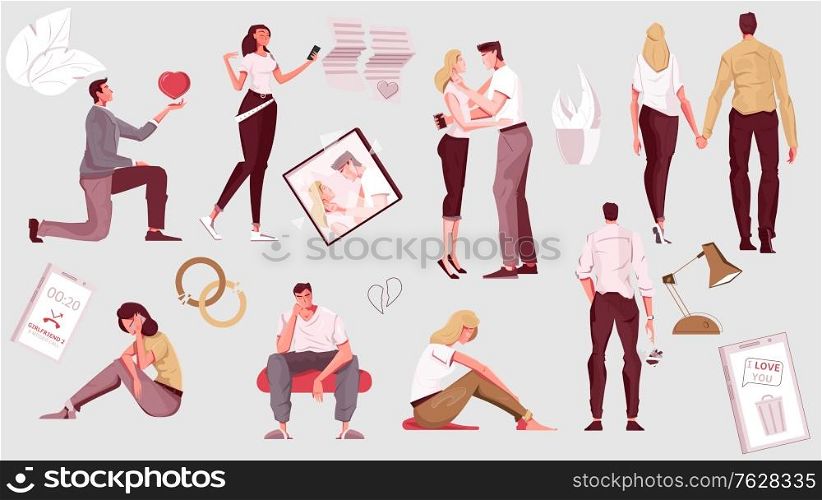 Love people set with flat icons of love letters rings and isolated human characters of lovers vector illustration