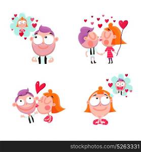 Love People Stickers Set. Funny people in love 2x2 stickers set with red hearts isolated on white background cartoon vector illustration