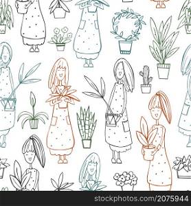 Love plants. Girls with plants. Vector seamless pattern.. Girls with plants. Vector pattern.