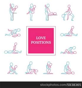 Love Positions Icons Set. Kama sutra love positions line icons set with title flat isolated vector illustration