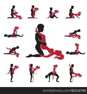 Love Positions Icons Set. Kama sutra love positions red black icons set flat isolated vector illustration