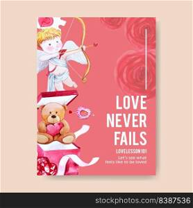 Love poster design with cupid, teddy bear watercolor illustration.  