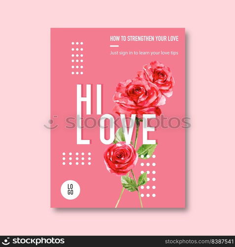 Love poster design with roses watercolor illustration.  