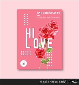 Love poster design with roses watercolor illustration.  