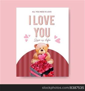 Love poster design with teddy bear, roses watercolor illustration.  
