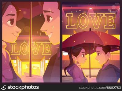 Love posters with happy couple under umbrella on city street in rain. Vector banners of romance and relationship with cartoon illustration of man and woman look at each other on background of cafe. Love posters with couple under umbrella in rain
