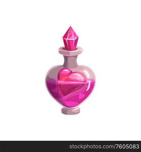 Love potion in bottle vial, Valentine day and wedding party symbol. Vector heart floating in pink magic love potion or prefume with crystal jewel cap. Valentine day, magic love potion in crystal bottle