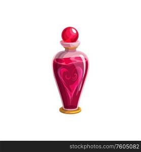 Love potion in glass bottle, Valentine day and wedding RSVP party symbol. Vector isolated magic love potion with heart. Valentine day, magic love potion in glass bottle
