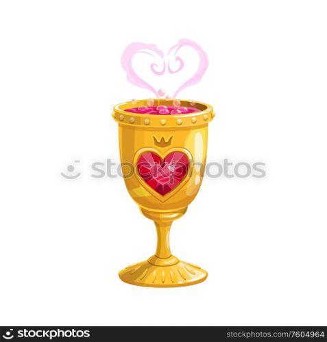 Love potion in golden cup, Valentine day and wedding RSVP party symbol. Vector isolated bride and bridegroom love potion with jewel heart. Valentine day, magic love potion in golden cup