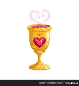 Love potion in golden cup, Valentine day and wedding RSVP party symbol. Vector isolated bride and bridegroom love potion with jewel heart. Valentine day, magic love potion in golden cup