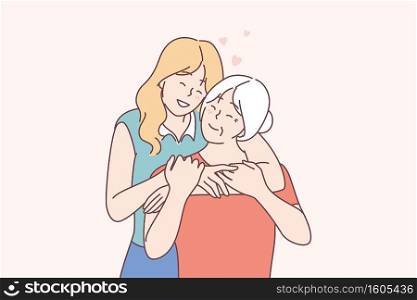 Love, relationship and happy parenthood lifestyle concept. Happy young girl granddaughter cartoon character standing and embracing smiling mother or grandmother. Family people spending time together. Love, relationship and happy parenthood lifestyle concept