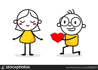 Love, romance and dating concept. Hand drawn doodle figure. Valentine concept with funny stickman. Vector stock illustration.