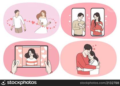 Love romance and dating concept. Set of young happy couples feeling in love dating online hugging during meeting and chatting in internet vector illustration. Love romance and dating concept.