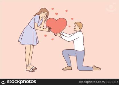 Love, romance and dating concept. Young happy smiling loving Man and woman connecting halves of big red heart feeling in love vector illustration . Love, romance and dating concept
