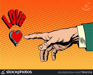 Love romance hand presses button pop art retro style. Red heart button. Love romance hand presses button