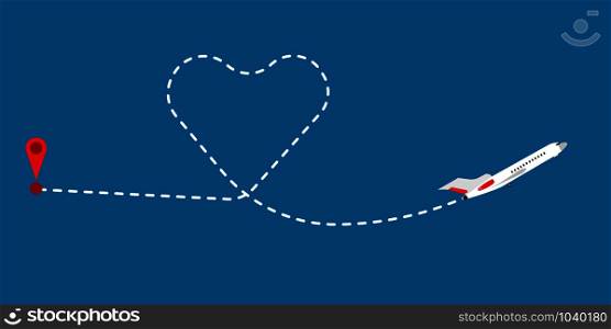 Love route path flight airplane vector illustration. Line heart trace romantic. Business jet track dotted way design vacation