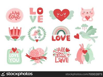 Love scrapbook elements. Valentines day lettering with cat, rabbits and bird with red heart, flowers and crown. Romantic labels vector set. Illustration cat love romantic, valentine holiday character. Love scrapbook elements. Valentines day lettering with cat, rabbits and bird with red heart, flowers and crown. Romantic labels vector set