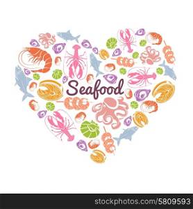Love seafood concept with fish and sea animals in heart shape vector illustration. Love Seafood Concept