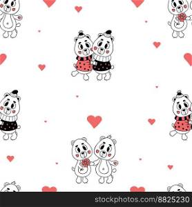 Love seamless pattern. Cute romantic bears on white background with hearts. Vector illustration in doodle style. Endless background for valentines, wallpapers, packaging, print