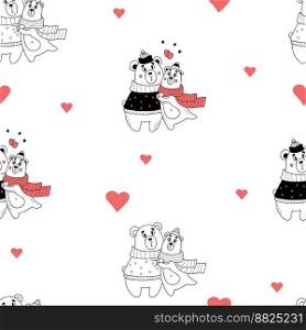 Love seamless pattern. Cute romantic hugging bears on white background with hearts. Vector illustration in doodle style. Endless background for valentines, wallpapers, packaging, print