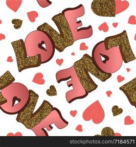 Love seamless pattern. Valentine&rsquo;s Day background. Lettering. Gold and pink colors. Hand drawn hearts and text. Design for wedding. February 14