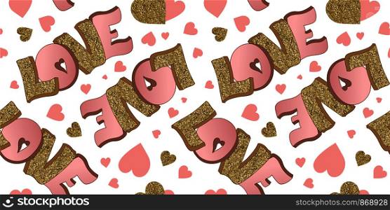 Love seamless pattern. Valentine's Day background. Lettering. Gold and pink colors. Hand drawn hearts and text. Design for wedding. February 14