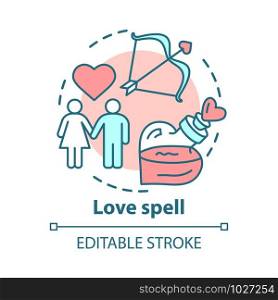 Love spell concept icon. Witchcraft and alchemy idea thin line illustration. Philtre, romantic elixir. Cupid bow, couple in love and magic potion vector isolated outline drawing. Editable stroke