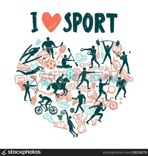 Love sport concept with hand drawn athletes in hears shape vector illustration. Love Sport Concept