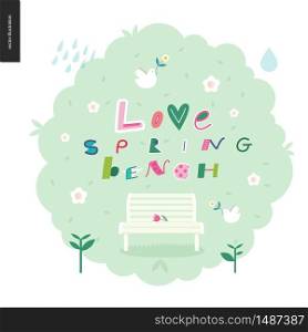 Love, spring, bench fun lettering on the gross bush with spring elements. Love, spring, bench fun lettering