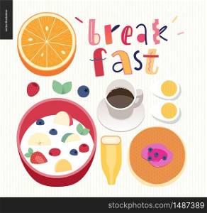 Love, spring, breakfast Lettering composition and a set of breakfast meal. Love, spring, breakfast Lettering composition