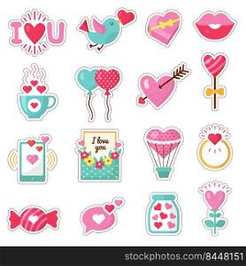 Love stickers. Romantic emblems valentine day symbols heart rose envelope flowers drinks wedding icons recent vector stylized collection. Illustration of valentine emblem and romantic stickers. Love stickers. Romantic emblems valentine day symbols heart rose envelope flowers drinks wedding icons recent vector stylized collection