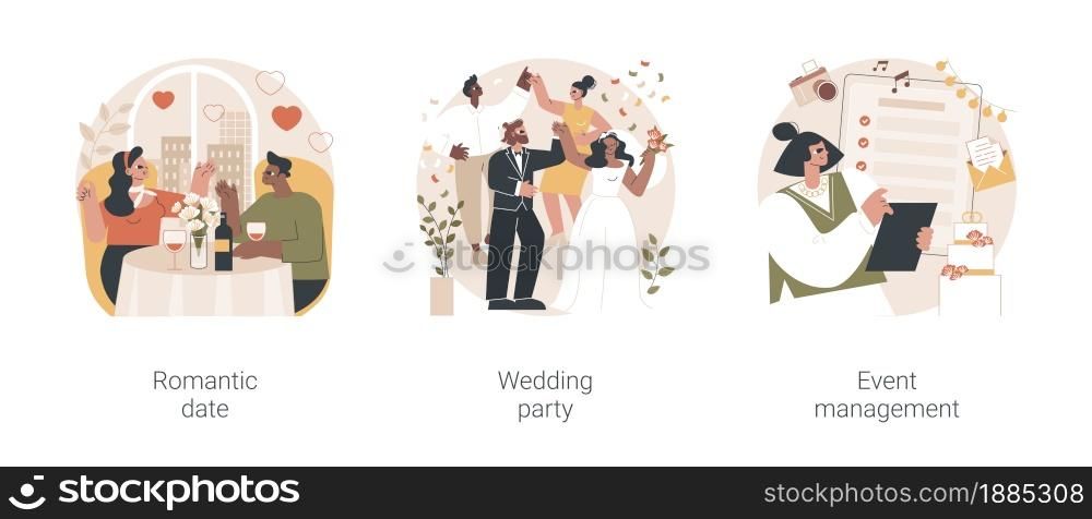 Love story abstract concept vector illustration set. Romantic date, wedding party planning, event management, Valentine day celebration, bouquet design, romantic relationship abstract metaphor.. Love story abstract concept vector illustrations.