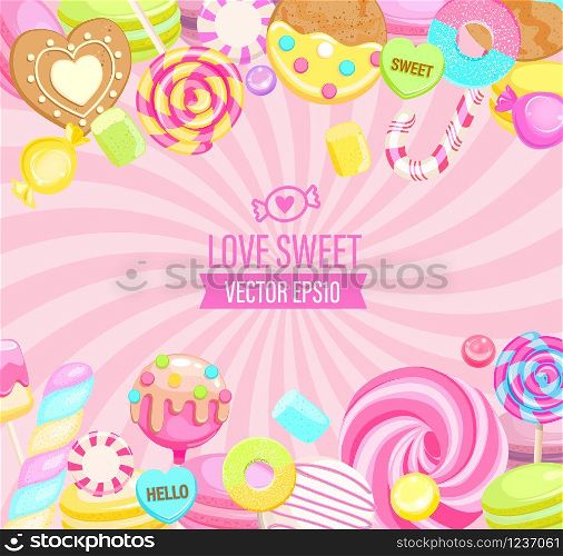 Love Sweet shop logo, with many sweets and place for text. Sunburst background with candy,macaroon,bonbon,lollypops,marshmallow,jellybean,candy cane, biscuit. Template for banner, menu,flyers. Vector.. Love Sweet shop logo, with many sweets.