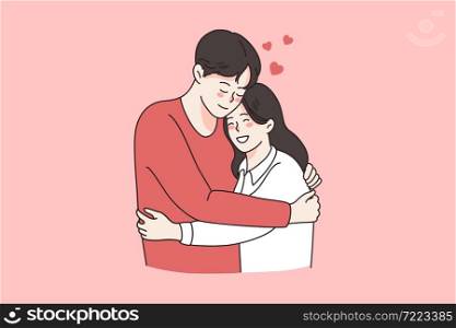 Love tenderness and romantic feelings concept. Young loving smiling couple boy and girl standing hugging embracing each other feeling in love vector illustration . Love tenderness and romantic feelings concept.