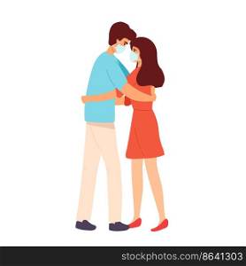 Love tenderness and romantic feelings concept. Young loving smiling couple boy and girl standing hugging embracing each other feeling in medical mask love vector illustration. Love tenderness and romantic feelings concept. Young loving smiling couple boy and girl standing hugging embracing each other feeling in medical mask love vector illustration.
