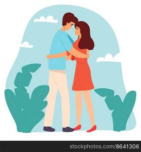 Love tenderness and romantic feelings concept. Young loving smiling couple boy and girl standing hugging embracing each other feeling in love vector illustration,. Love tenderness and romantic feelings concept. Young loving smiling couple boy and girl standing hugging embracing each other feeling in love vector illustration