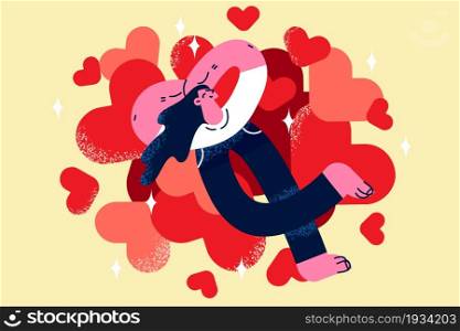 Love, tenderness, positive emotions concept. Young smiling woman cartoon character lying enjoying warm feelings over heap of hearts vector illustration . Love, tenderness, positive emotions concept.